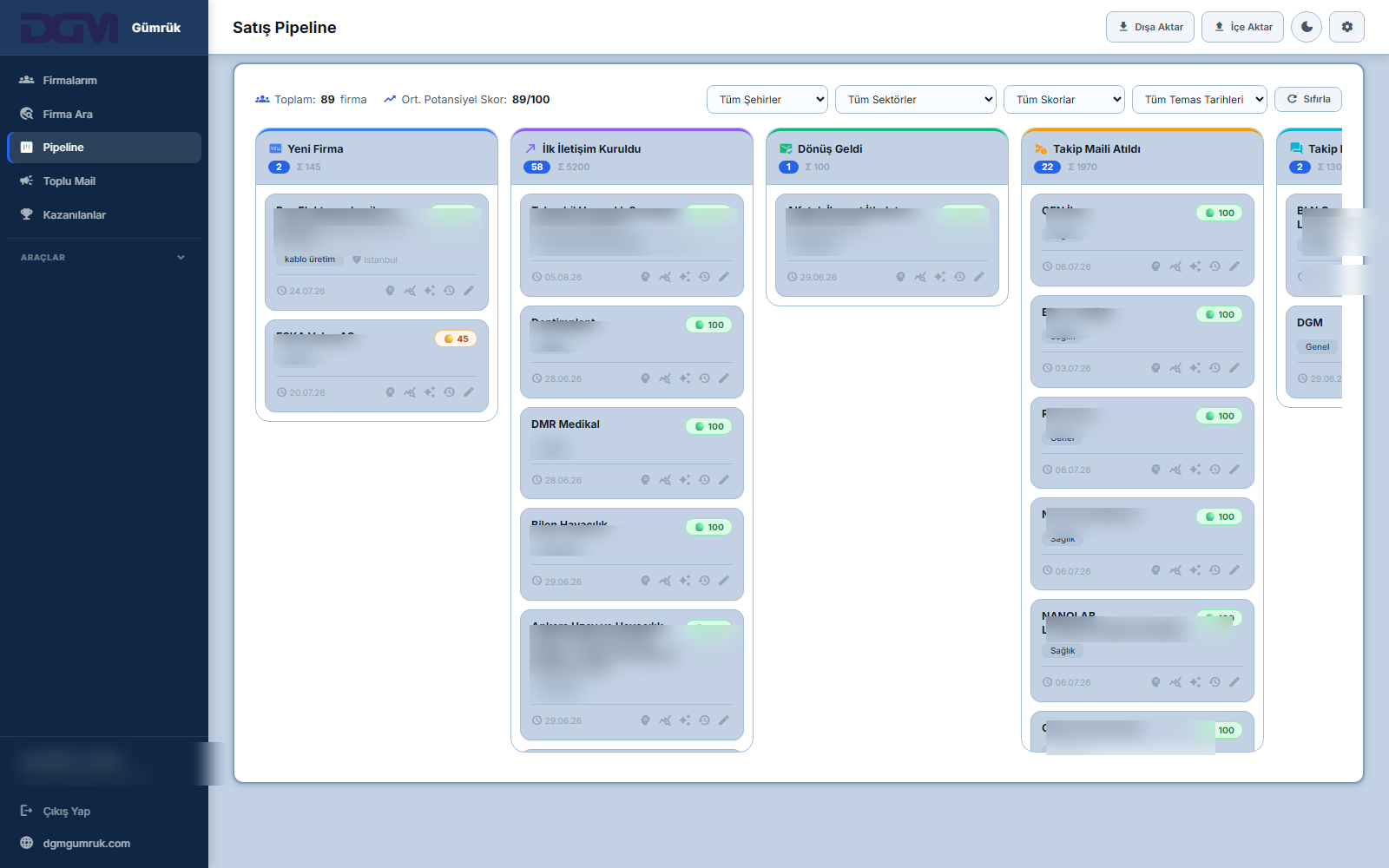 Satış Pipeline — kanban görünüm